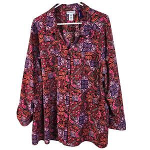 Catherines Blouse Women's 3XWP Red Purple Orange Block Print Casual Artsy